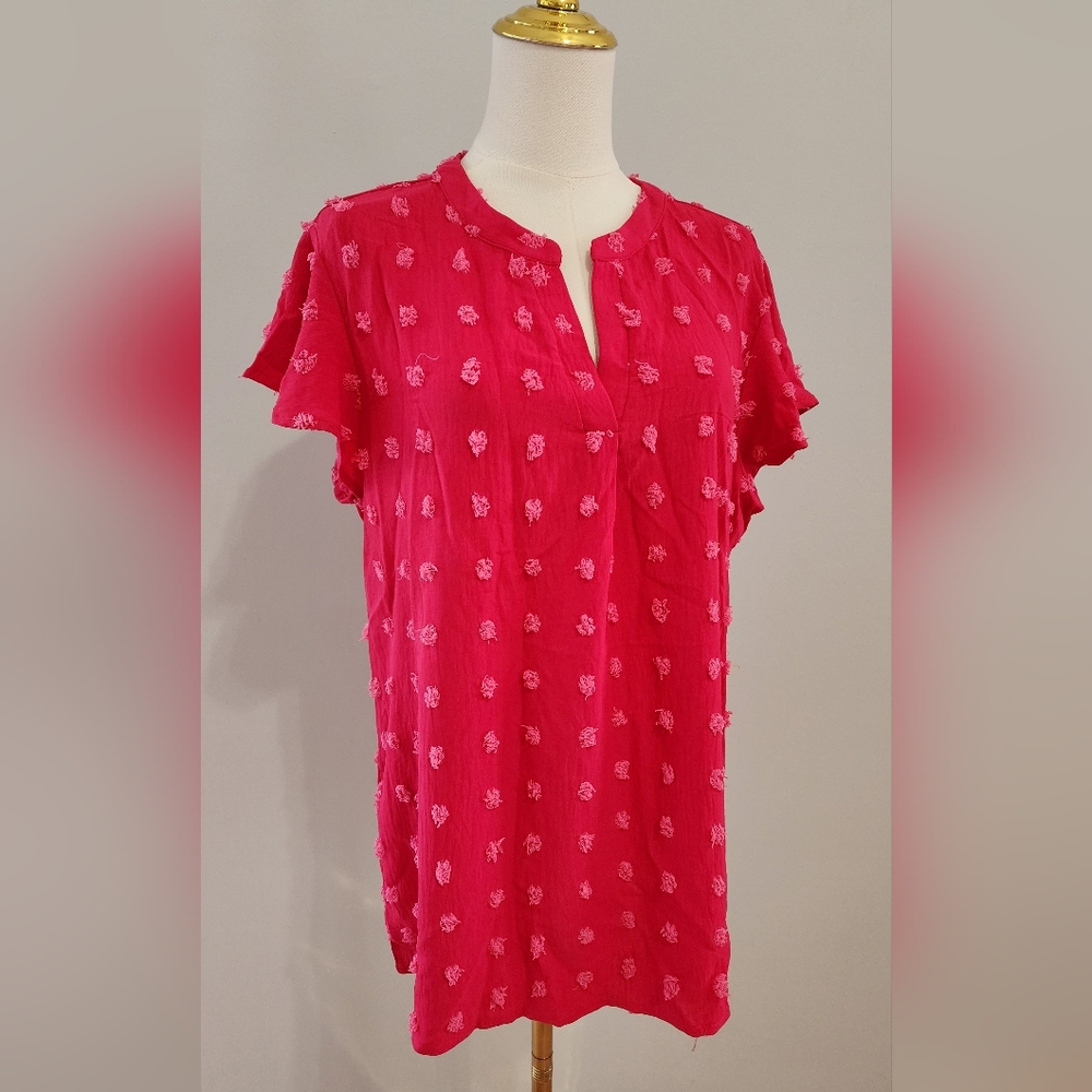 MEROKEETY Ruffle Blouse Short Sleeve Swiss Dot Flowy Hot Pink Casual Top Size L
